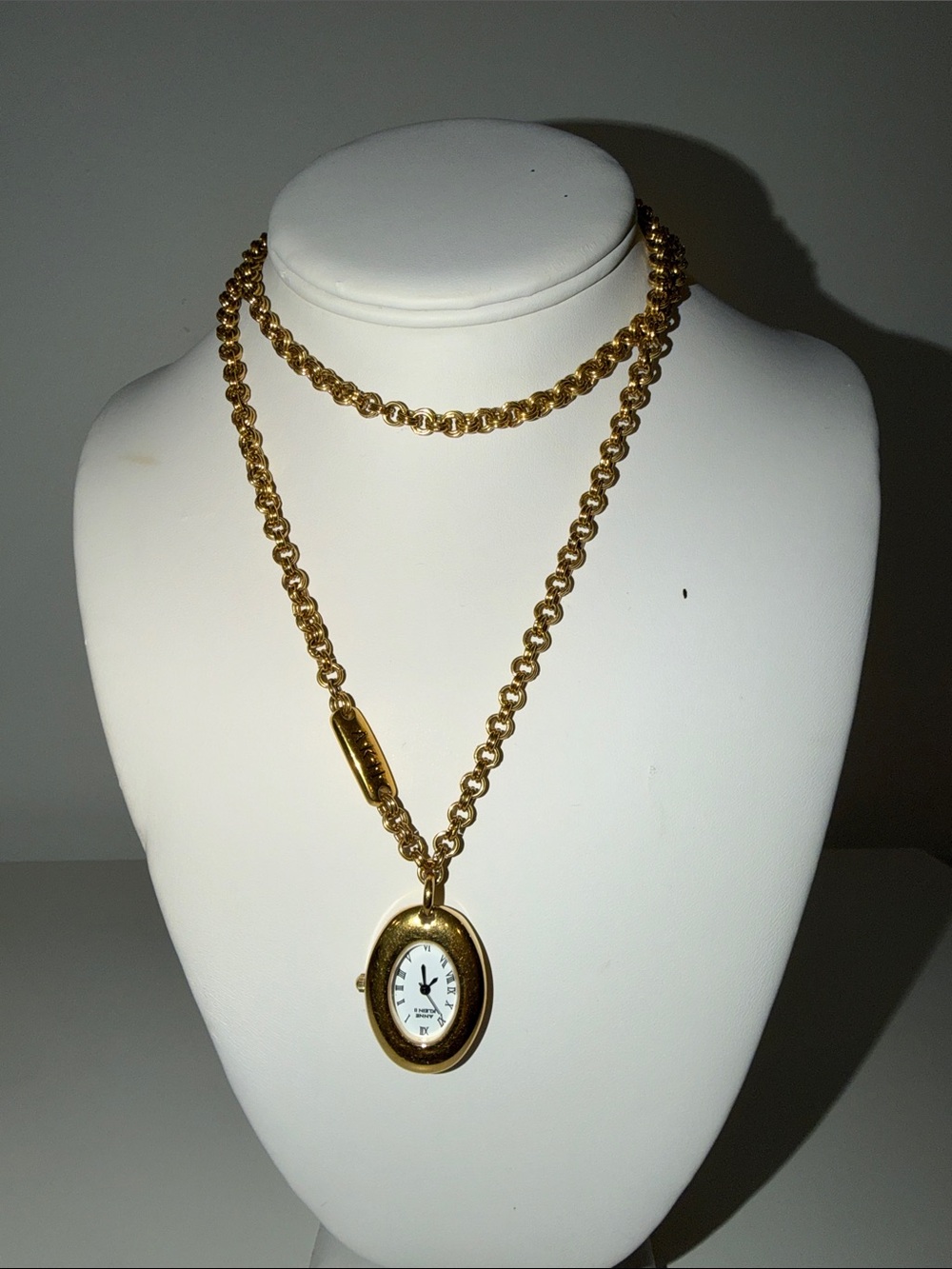 Vintage Signed Anne Klein ll Gold-Tone Watch Pendant with Long Link Necklace